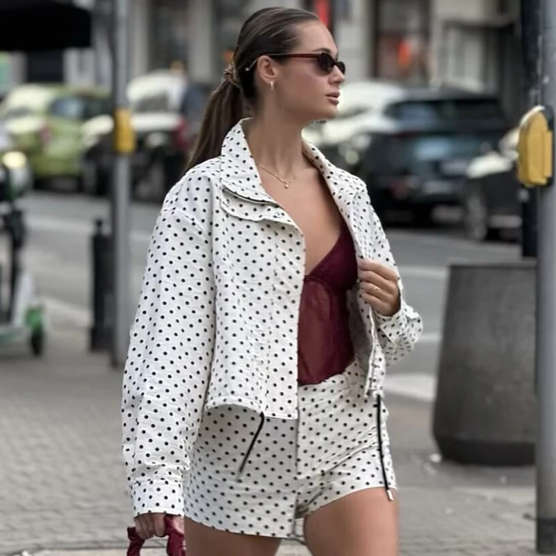 HXAO Polka Dot Bomber Jacket Women's Jackets Demi-Season Oversized Long Sleeve Top Outerwear Aviator Plus Size Zip Up Crop Coats thumbnail 4