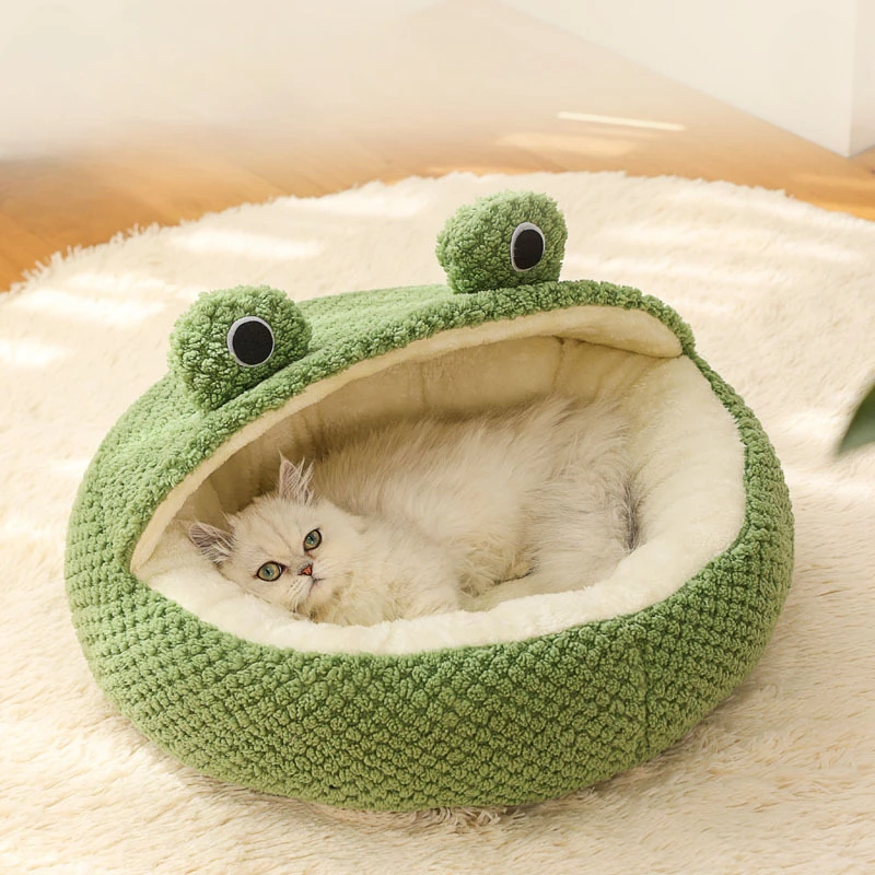 New Pet Nest Winter Warm Dog Den Cat Villa Plush Pets Mattress Small Frog Shape Semi Enclosed Kitten Puppy House Pet Supplies thumbnail 3