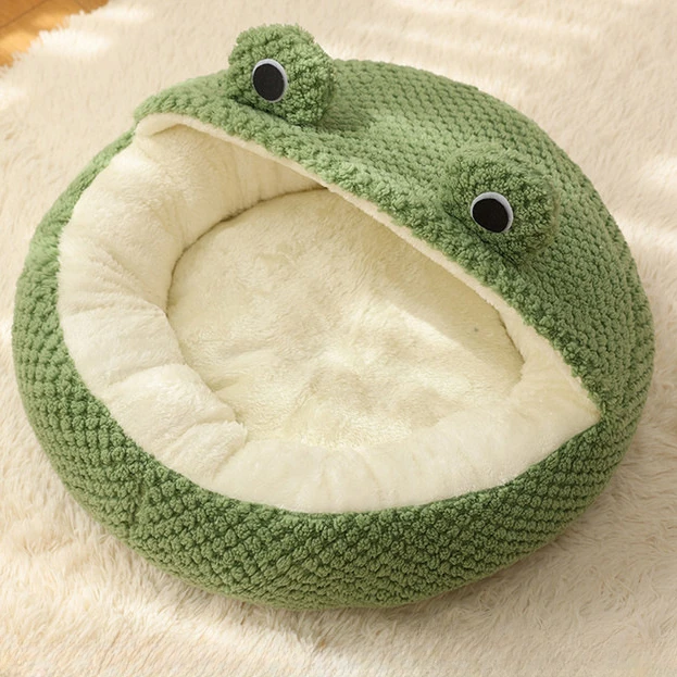 New Pet Nest Winter Warm Dog Den Cat Villa Plush Pets Mattress Small Frog Shape Semi Enclosed Kitten Puppy House Pet Supplies thumbnail 5