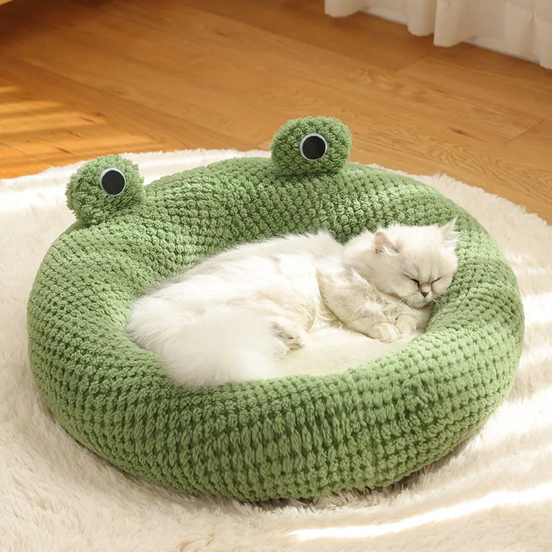New Pet Nest Winter Warm Dog Den Cat Villa Plush Pets Mattress Small Frog Shape Semi Enclosed Kitten Puppy House Pet Supplies thumbnail 2