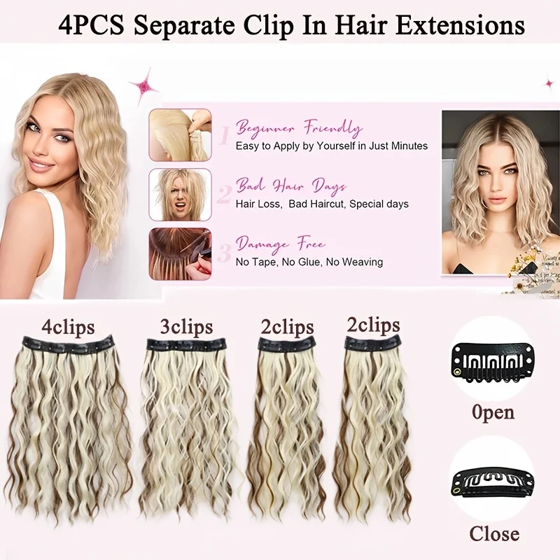 4-Piece Set of 11 Clip-In Hair Extensions, Clip-In Hair Extensions, 12 Inch Synthetic Clip-In Short Soft Natural Wigs High-Tempe thumbnail 4