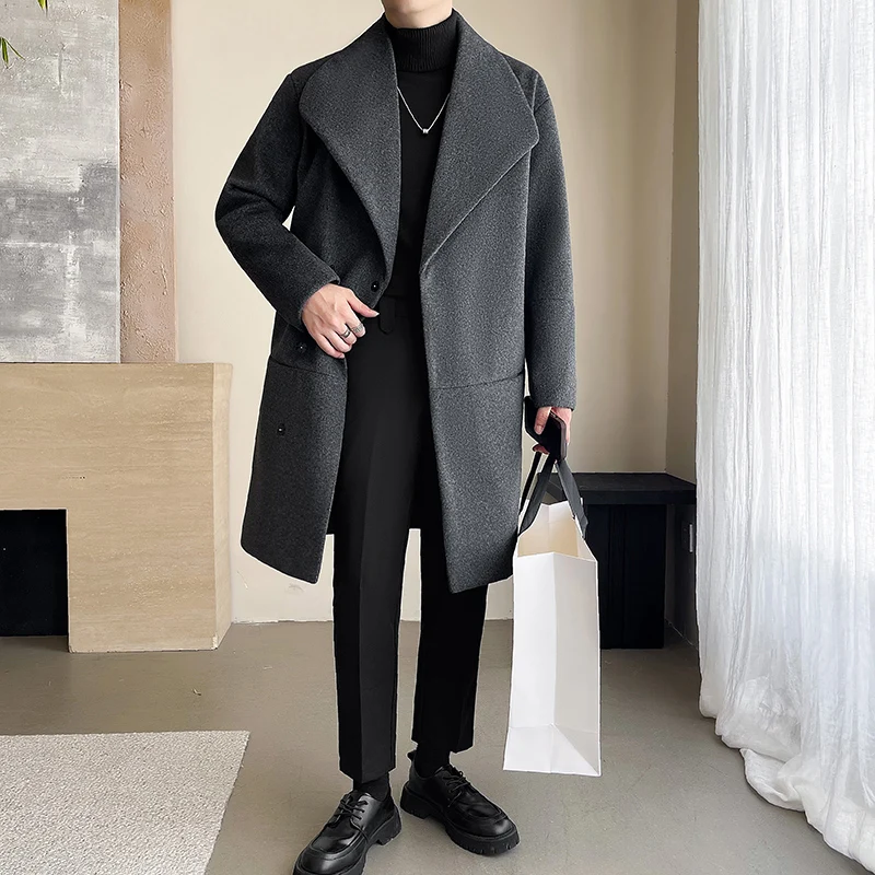 Trench men 2025 New Men Overcoat Windproof Warm Single Breasted Mid Length Two Button Overcoat Collar Wool Fabric Winter Coat thumbnail 2