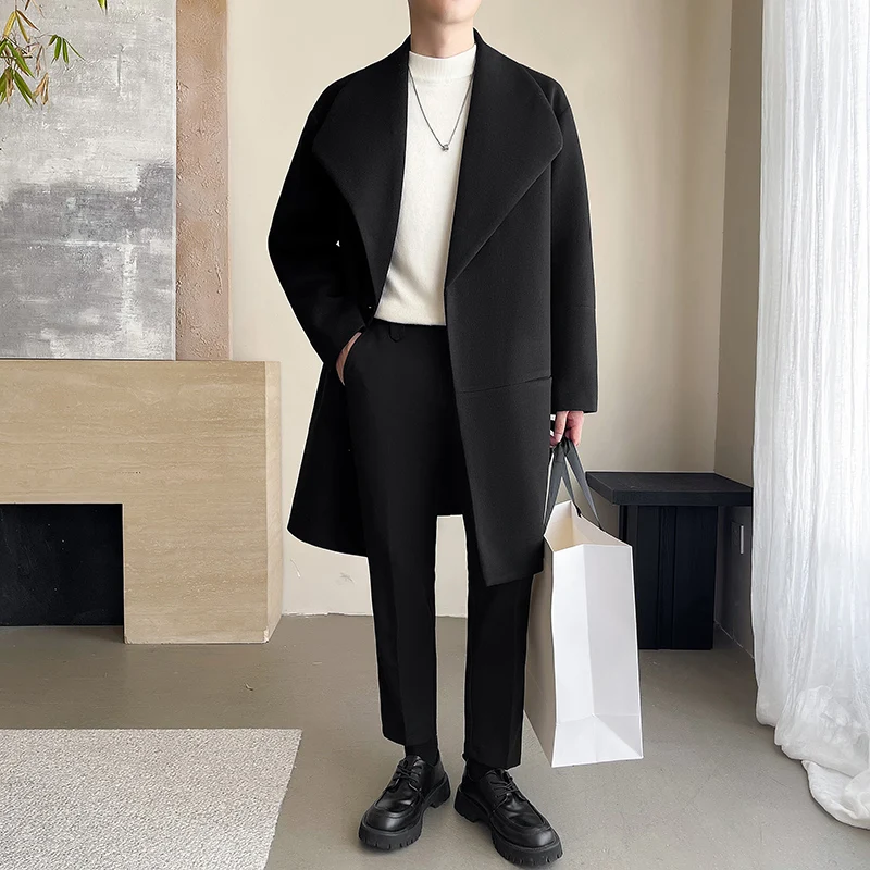 Trench men 2025 New Men Overcoat Windproof Warm Single Breasted Mid Length Two Button Overcoat Collar Wool Fabric Winter Coat thumbnail 4