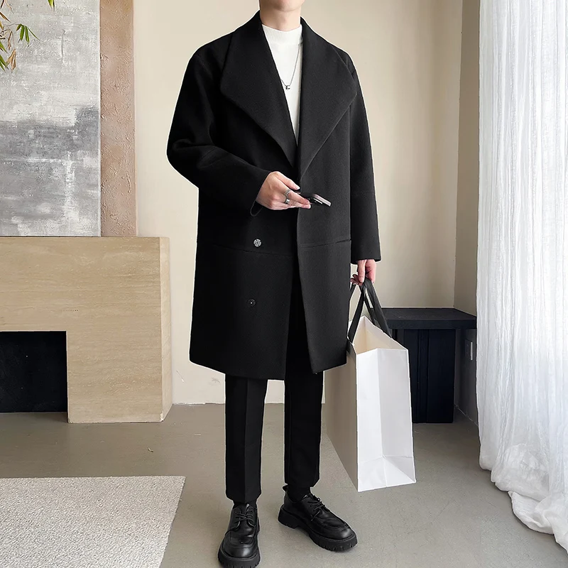 Trench men 2025 New Men Overcoat Windproof Warm Single Breasted Mid Length Two Button Overcoat Collar Wool Fabric Winter Coat thumbnail 3