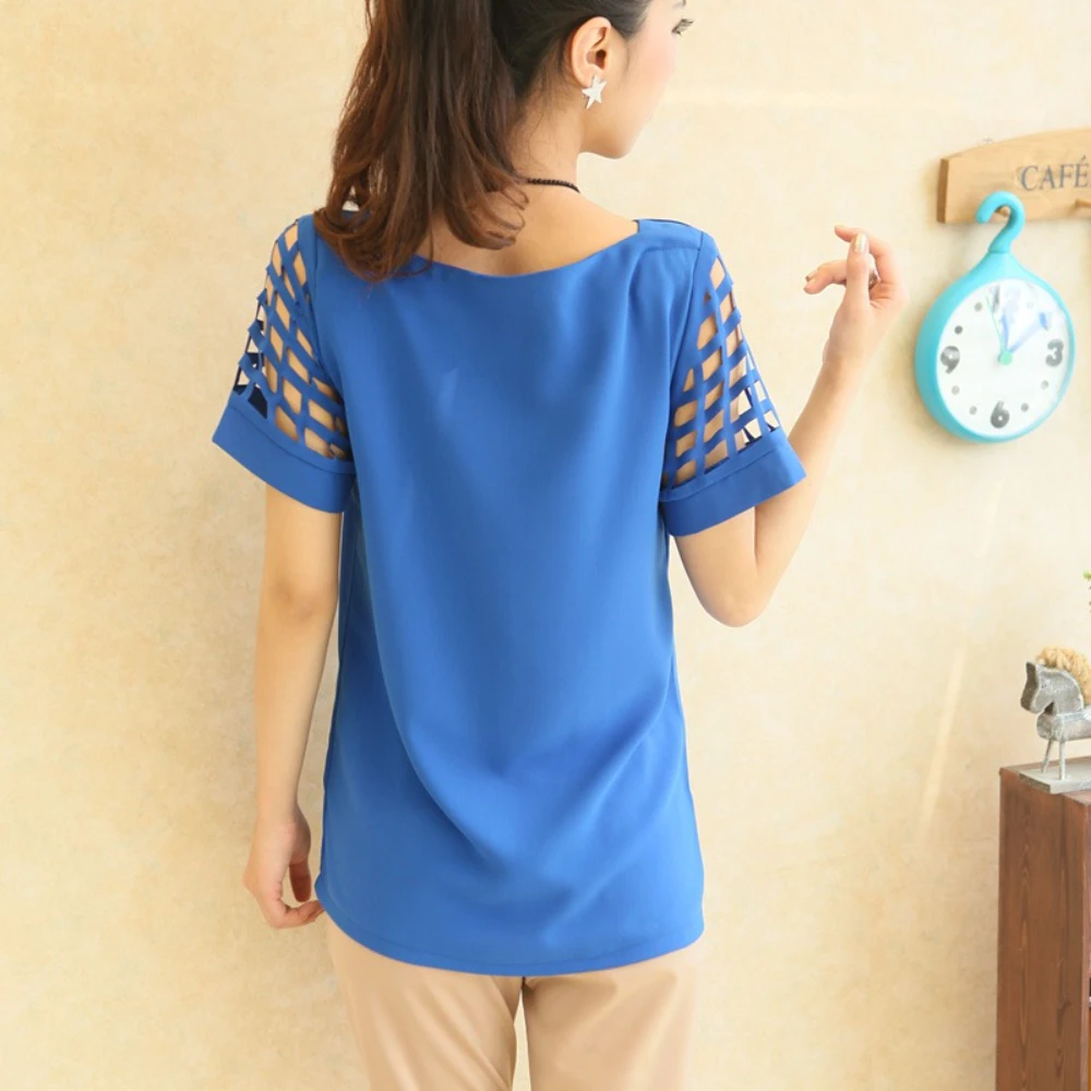 Summer Blouse Sexy Women Ladies Hollow Sleeve Slash Neck Loose Solid Shirts Casual Tops thumbnail 2