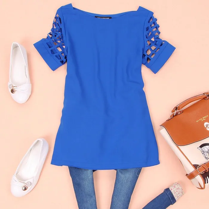 Summer Blouse Sexy Women Ladies Hollow Sleeve Slash Neck Loose Solid Shirts Casual Tops thumbnail 5