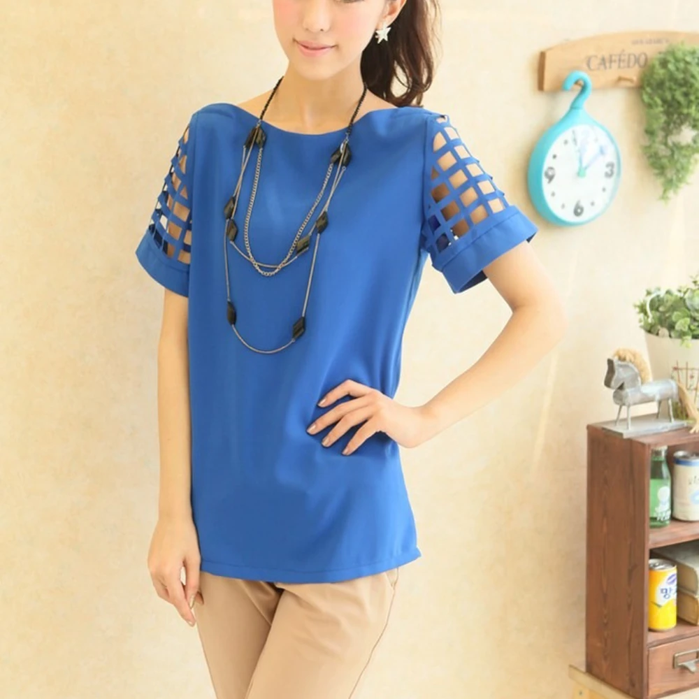 Summer Blouse Sexy Women Ladies Hollow Sleeve Slash Neck Loose Solid Shirts Casual Tops thumbnail 4
