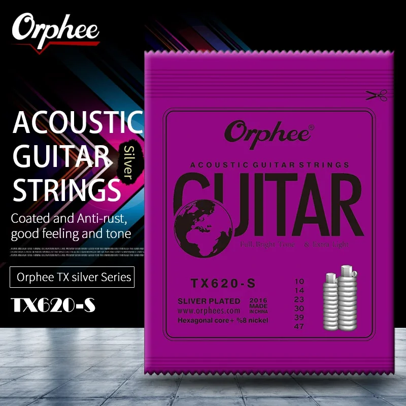 Orphee 1/10pcs TX620-S Acoustic Guitar Strings Medium Carbon Steel Hexagonal Core Silver Plated Wound Guitarra Accessories thumbnail 2