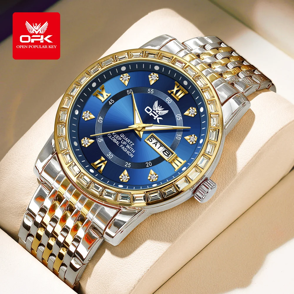 OPK  8174   Diamond studded dual calendar men's quartz watch