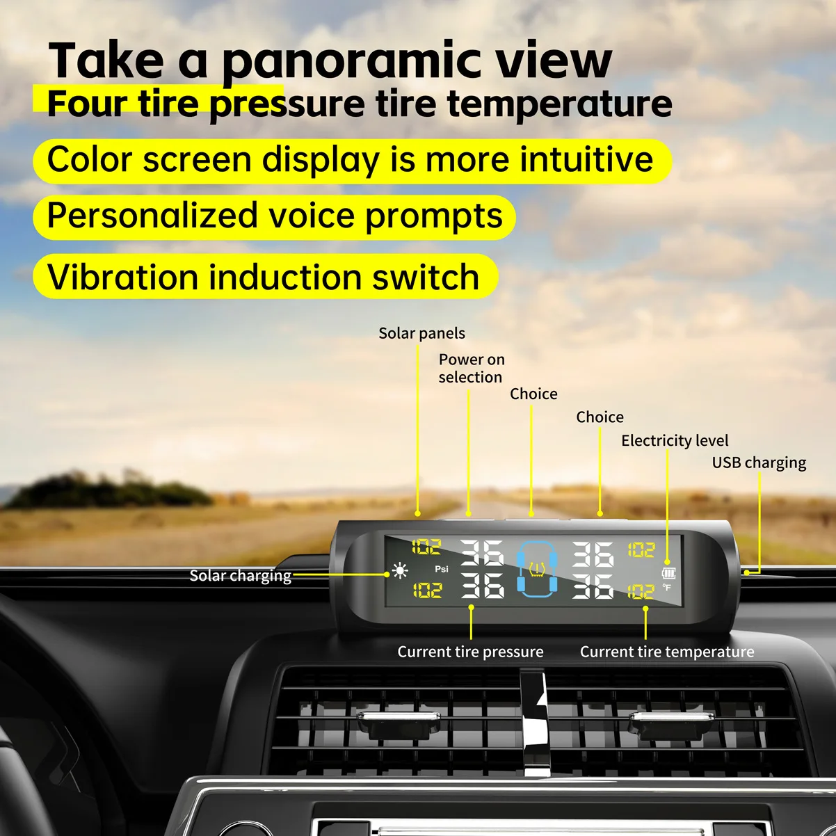 TPMS Solar Powered Car Tire Pressure Monitoring System with 4 Wheel Internal External Sensors Tyre Auto Security Alarm Tester thumbnail 2