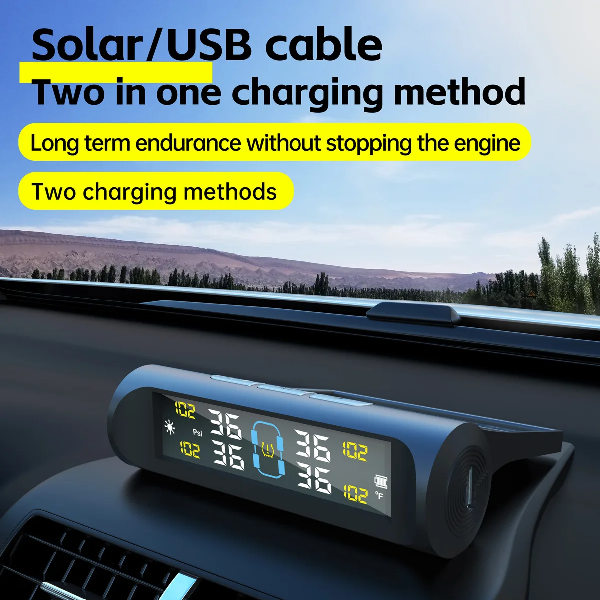 TPMS Solar Powered Car Tire Pressure Monitoring System with 4 Wheel Internal External Sensors Tyre Auto Security Alarm Tester thumbnail 3
