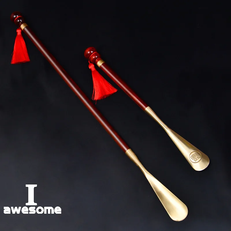 58cm Sandalwood Wooden Professional Shoe Horn Flexible Long Handle Shoehorn Useful 35cm Shoe Lifter Brass Shoe Spoon Home Tools