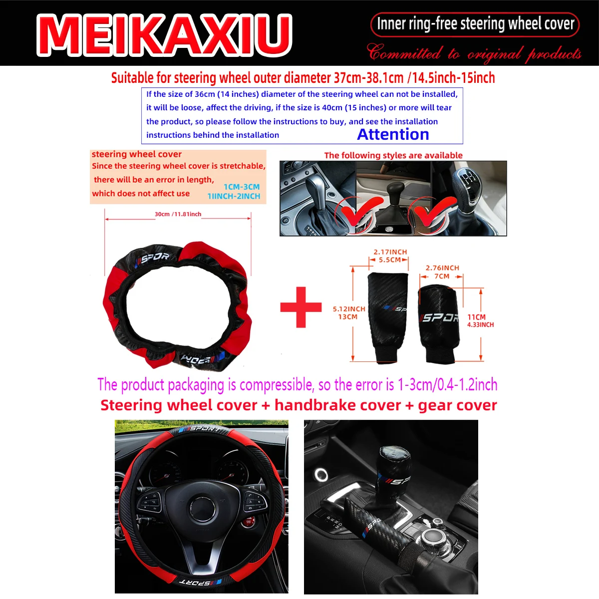 3PCS PU Leather Carbon Fiber Sport Car Steering Wheel Cover Handbrake Gearshift Automotive Accessories Rimless Design thumbnail 2