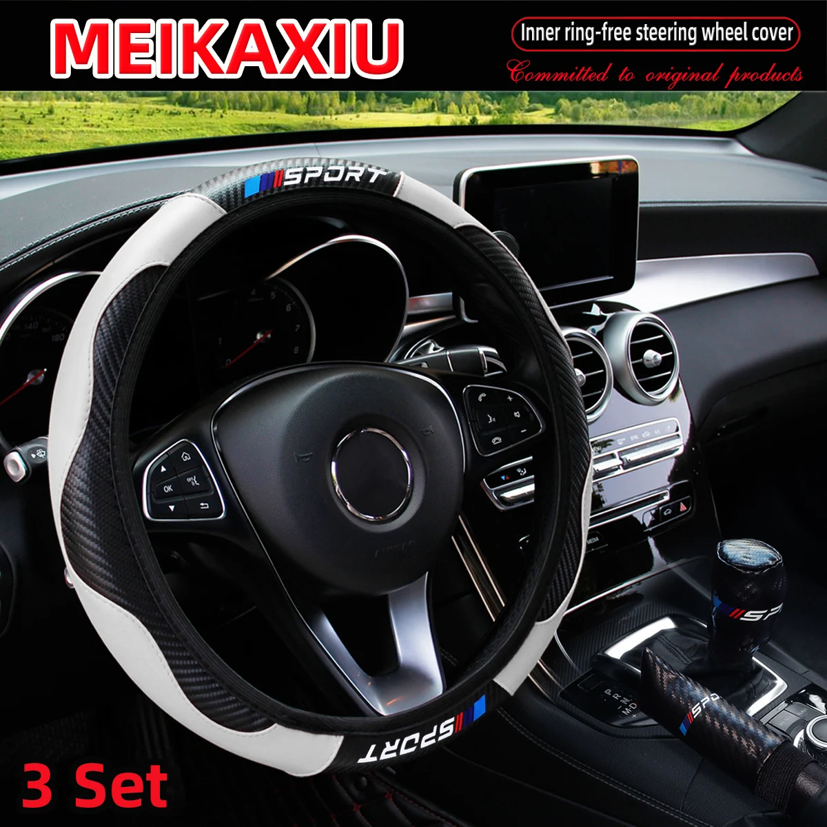 3PCS PU Leather Carbon Fiber Sport Car Steering Wheel Cover Handbrake Gearshift Automotive Accessories Rimless Design thumbnail 3