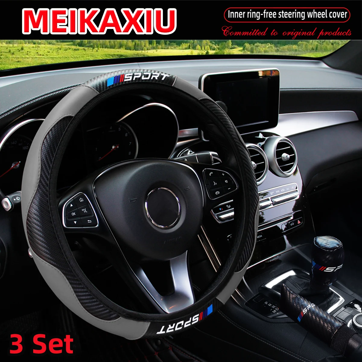 3PCS PU Leather Carbon Fiber Sport Car Steering Wheel Cover Handbrake Gearshift Automotive Accessories Rimless Design thumbnail 6