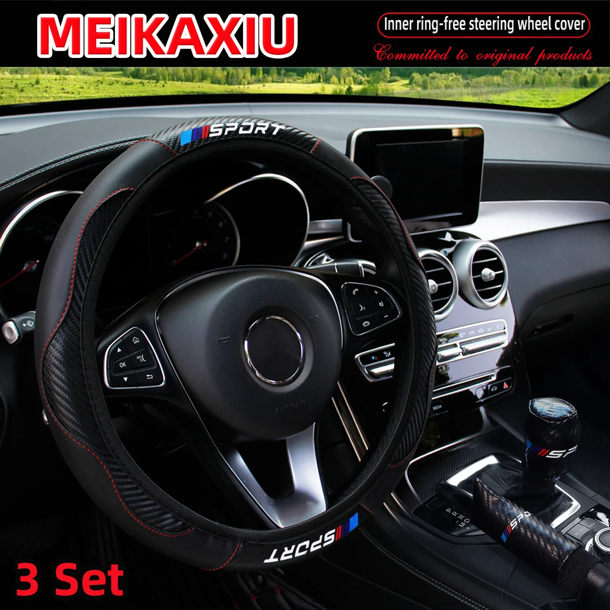 3PCS PU Leather Carbon Fiber Sport Car Steering Wheel Cover Handbrake Gearshift Automotive Accessories Rimless Design thumbnail 5