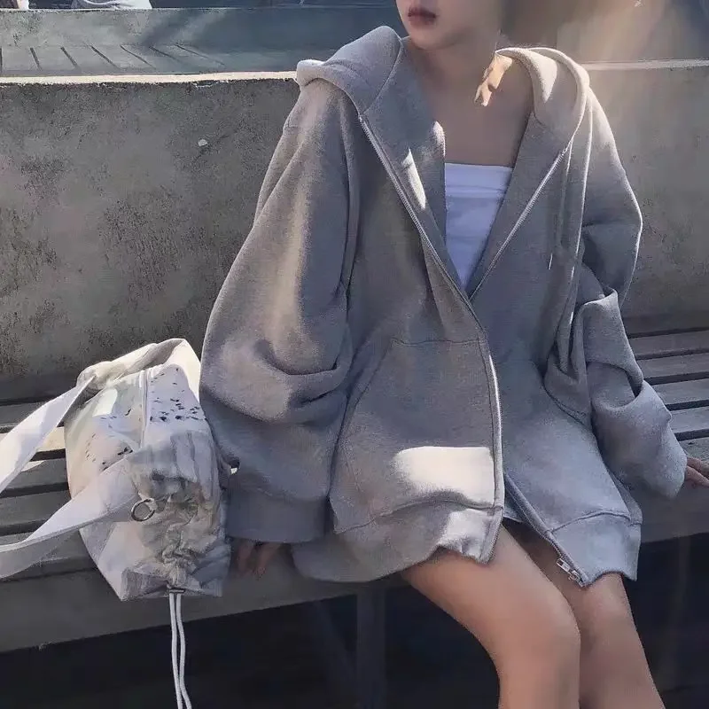 Plus Size Women's Hoodie Grey Long Sleeve Loose Fit Autumn Jacket Trendy Hong Kong Style Top for plus Size Women