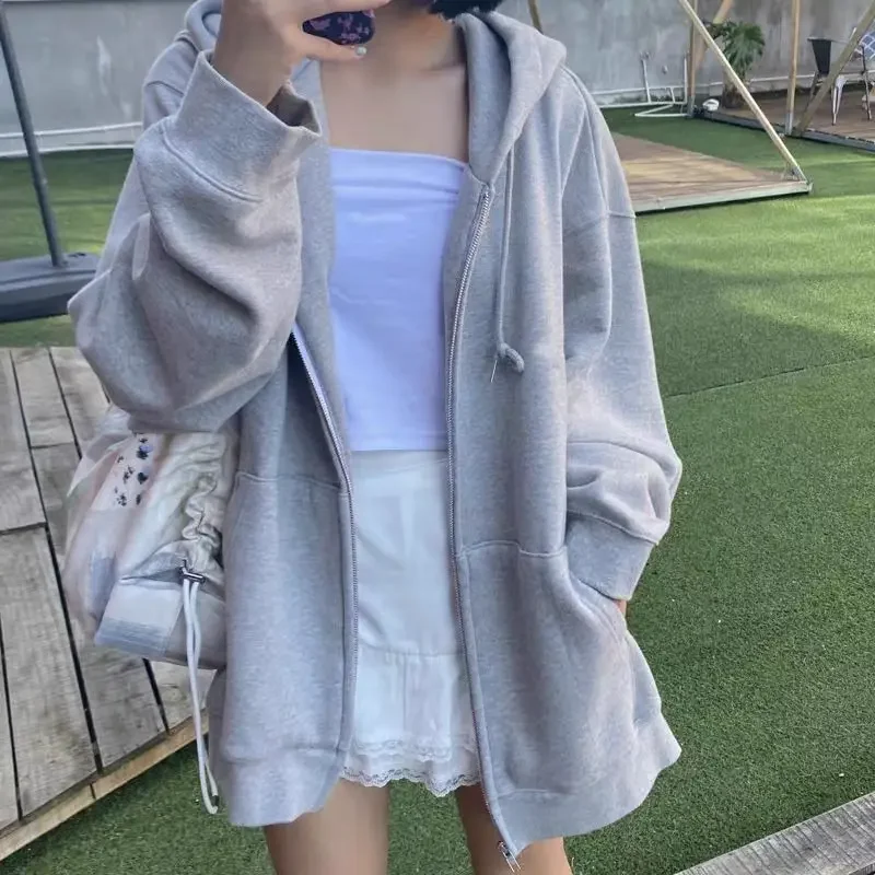 Plus Size Women's Hoodie Grey Long Sleeve Loose Fit Autumn Jacket Trendy Hong Kong Style Top for plus Size Women thumbnail 4