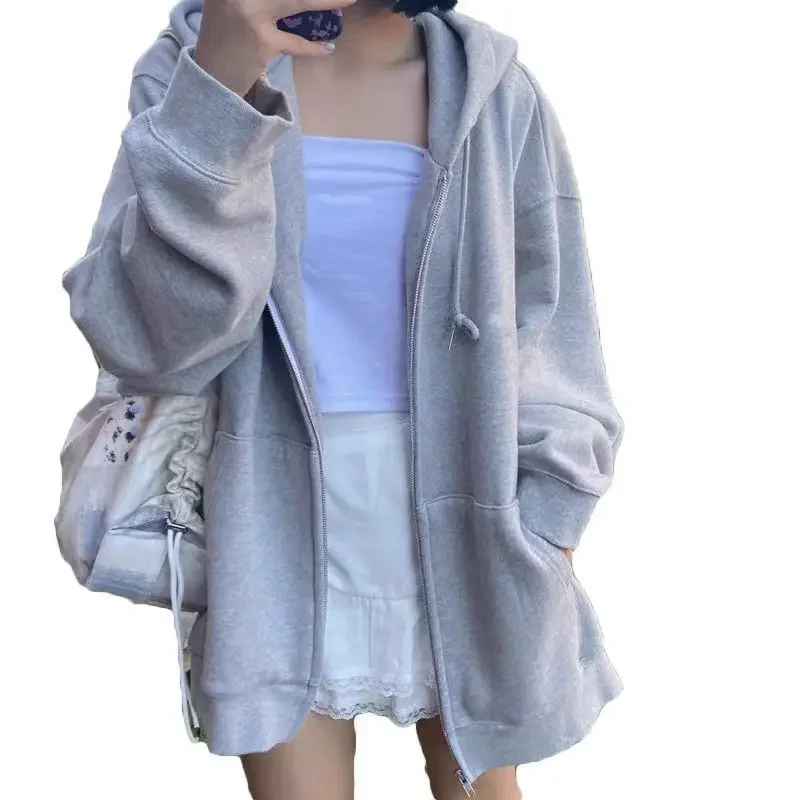 Plus Size Women's Hoodie Grey Long Sleeve Loose Fit Autumn Jacket Trendy Hong Kong Style Top for plus Size Women thumbnail 5