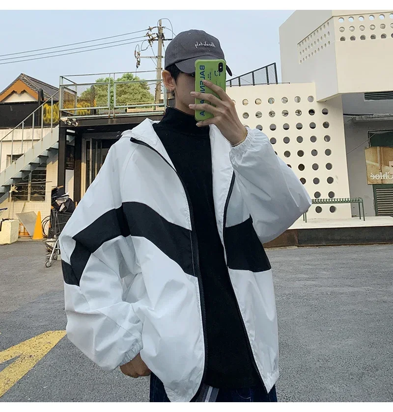 Hip Hop Varsity Jacket Patchwork Color Black for Men Camping windproof jacket woman Spring Autumn Thin Fashion Student jacket thumbnail 2