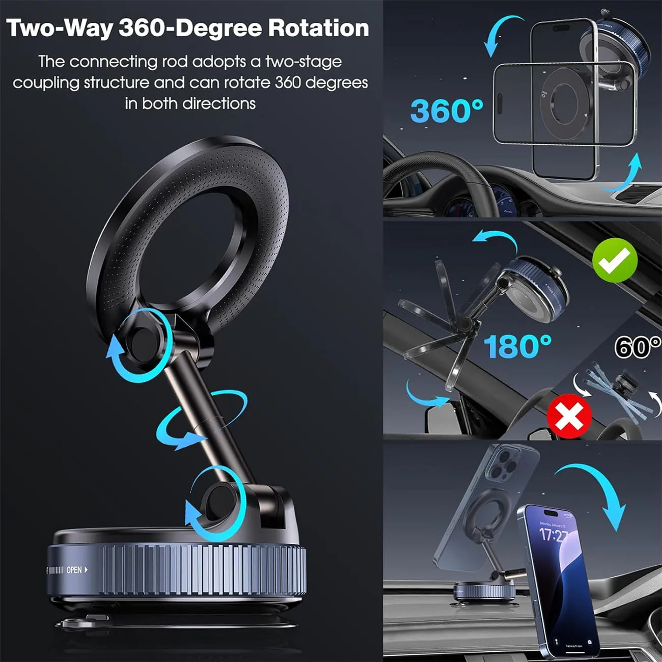 Magnetic Suction Cup Phone Mount for Magsafe 360° Adjustable Magnetic Car Phone Holder Pocket Size Foldable Car Mount thumbnail 5