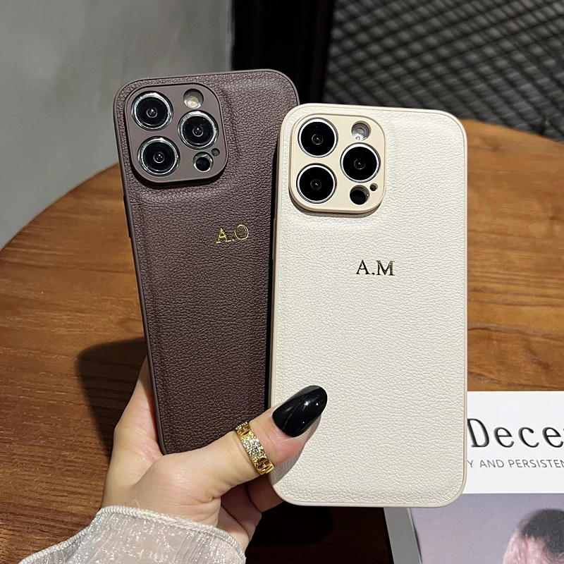Luxury Personalized Custom Initials Gold Name Leather Case For iPhone 17 16 15 14 13 12 11 Pro Max Xs Max Shockproof Back Cover thumbnail 2