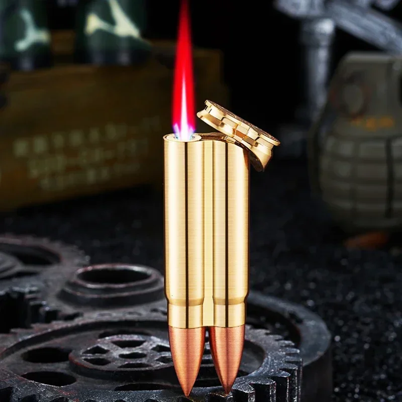 Outdoor Windproof Double Bullet Shaped Inflatable Lighter Metal Military Bullet Model, Portable Lighter New Men's Smoking Gift thumbnail 4
