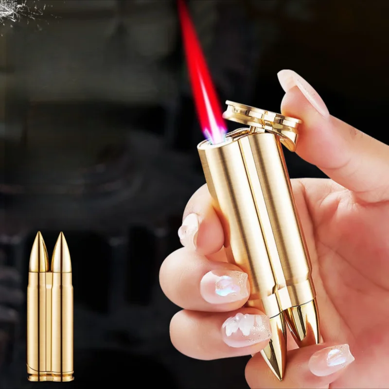 Outdoor Windproof Double Bullet Shaped Inflatable Lighter Metal Military Bullet Model, Portable Lighter New Men's Smoking Gift thumbnail 2