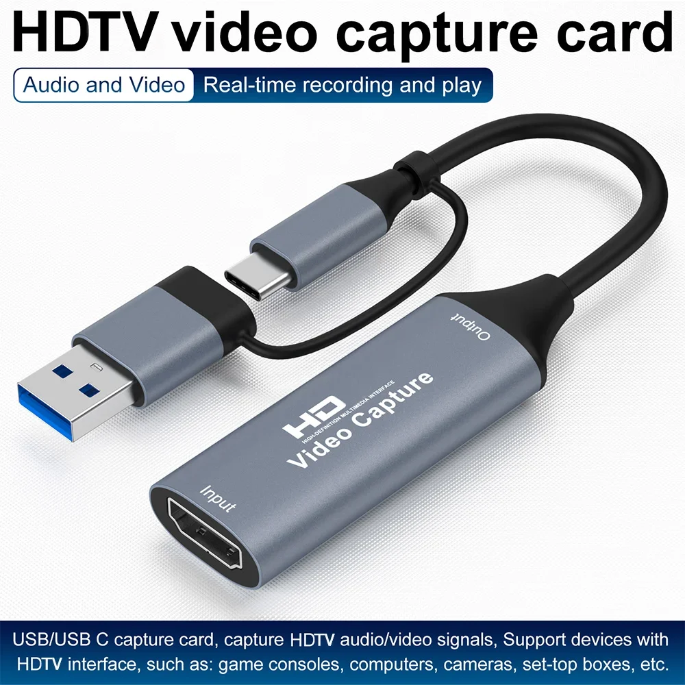 1080P Capture Card 4K HDMI-compatible to USB-A/USB-C USB2.0 Capture Video Audio Recording for OBS Studio PotPlayer QT Player
