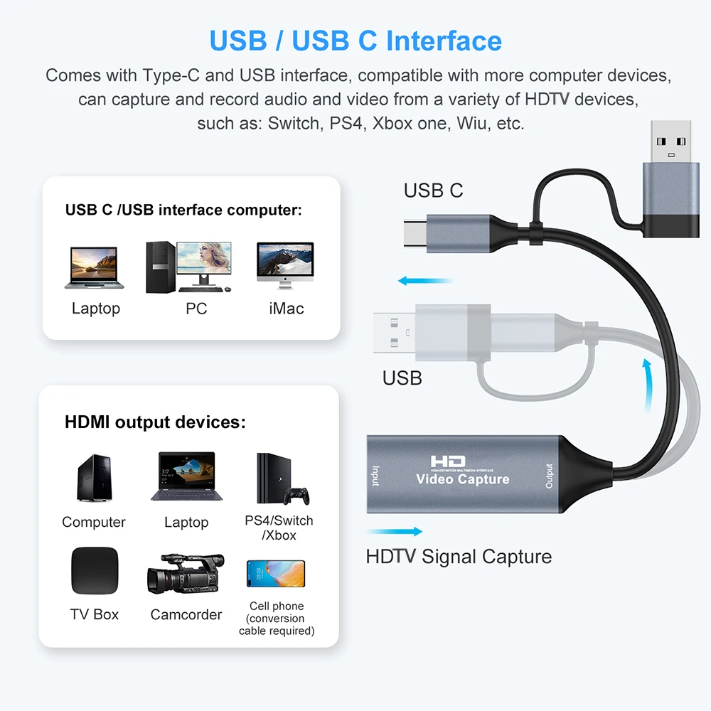 1080P Capture Card 4K HDMI-compatible to USB-A/USB-C USB2.0 Capture Video Audio Recording for OBS Studio PotPlayer QT Player thumbnail 5