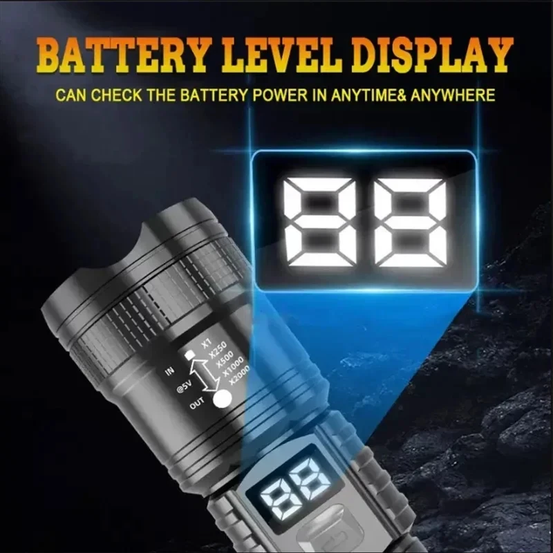100000LM Super Bright Flashlight Type-C Rechargeable LED Torch Long Range Tactical Lamp for Outdoor Waterproof Camping Lantern thumbnail 6