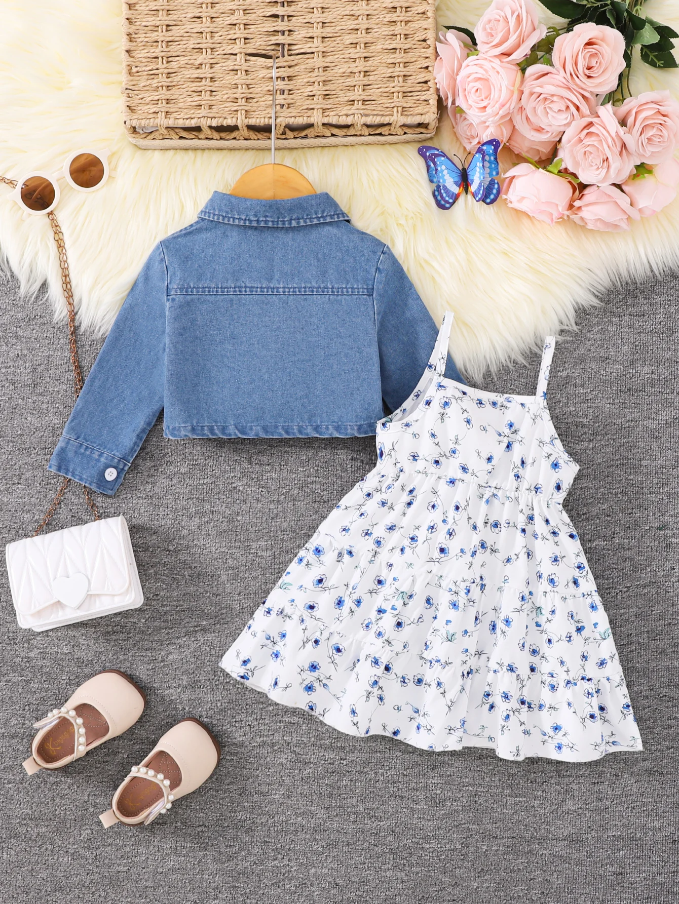 Girls Floral Halter Dress + Denim Jacket Two-Piece Set Spring Autumn Cute Baby Outfit Combination thumbnail 6