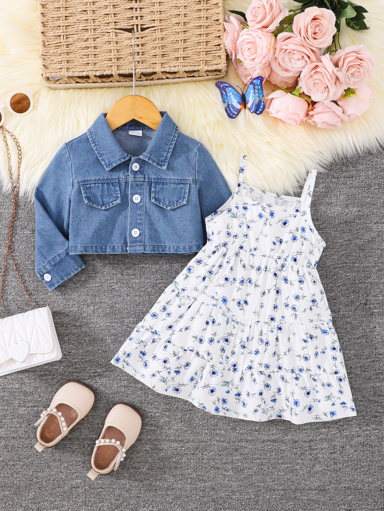 Girls Floral Halter Dress + Denim Jacket Two-Piece Set Spring Autumn Cute Baby Outfit Combination