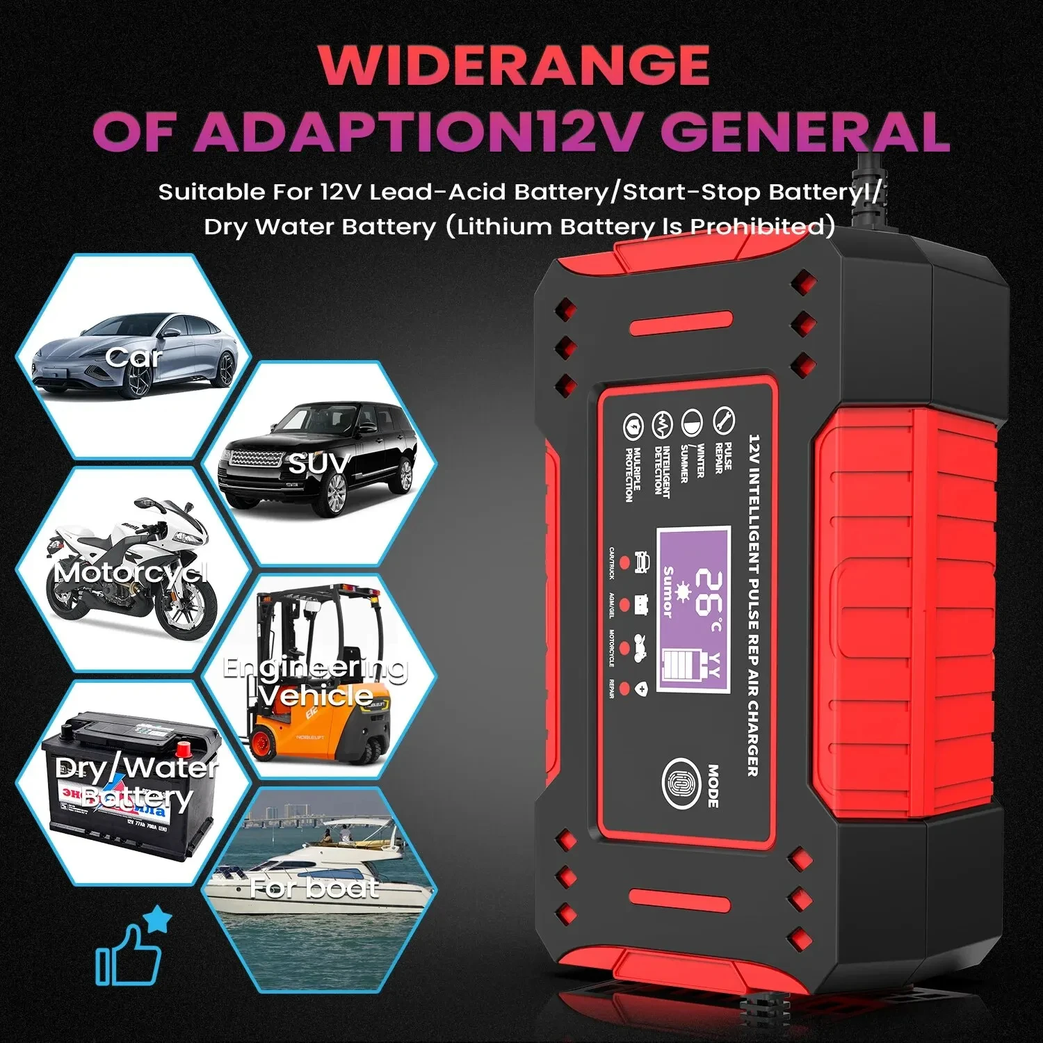 Charger Car and Motorcycle Battery Charging Unit Lead-Acid Battery Repair LCD Display 6A 12V Intelligent Car Battery thumbnail 4