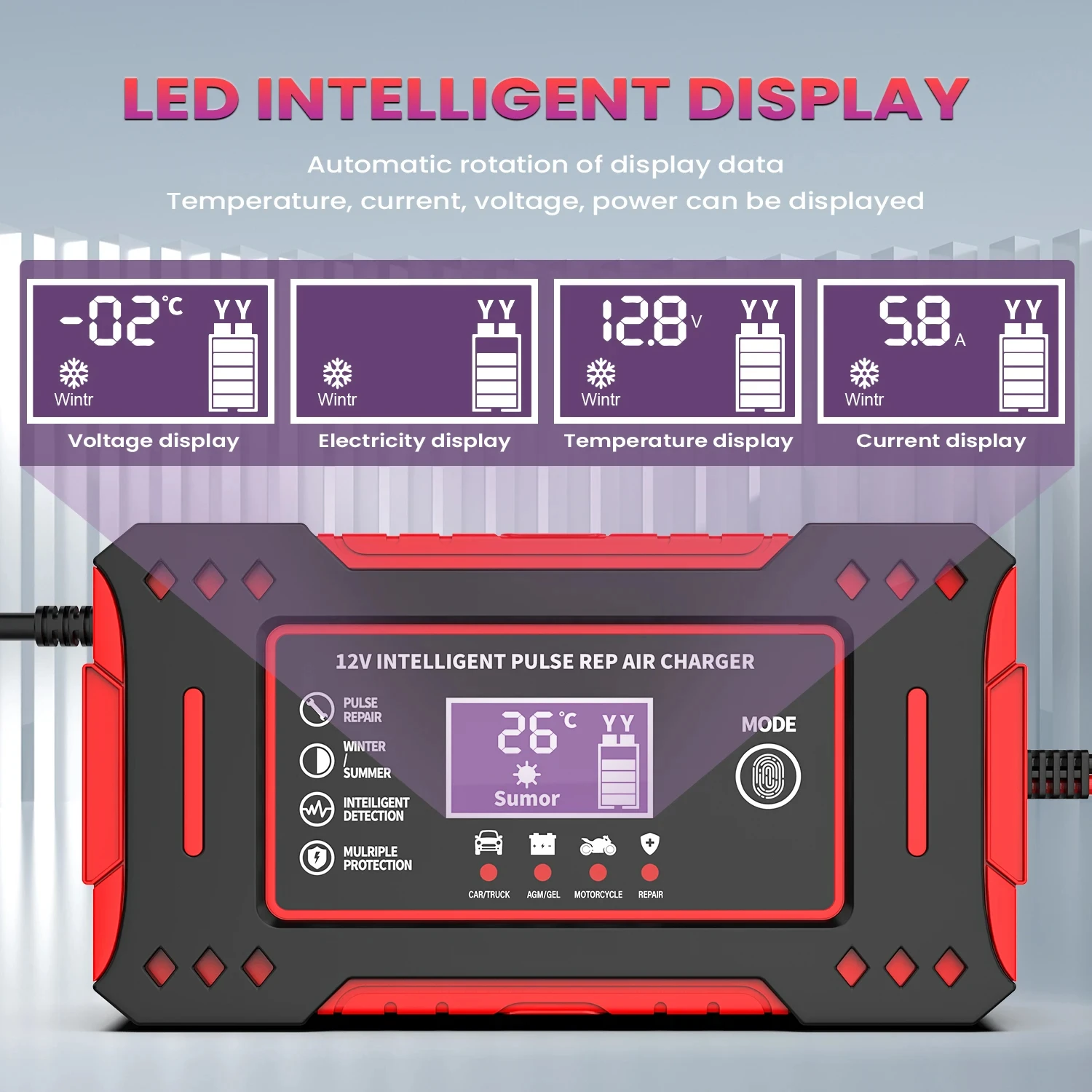 Charger Car and Motorcycle Battery Charging Unit Lead-Acid Battery Repair LCD Display 6A 12V Intelligent Car Battery thumbnail 5