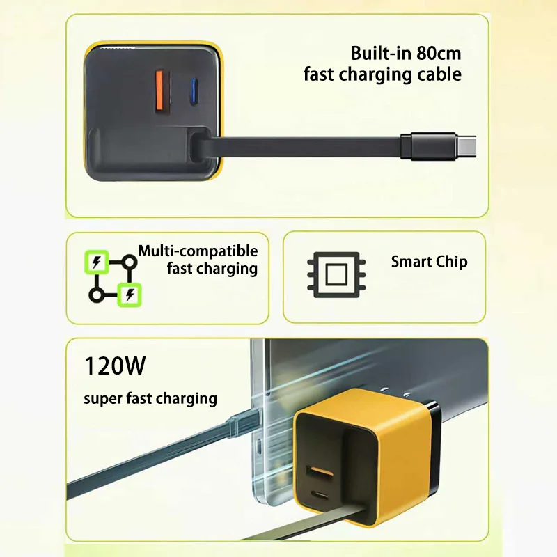 120W Charger Equipped With Telescopic Gallium Nitride Fast Charging Data Cable Phone Charger Adapter For Android IPhone Charger thumbnail 3
