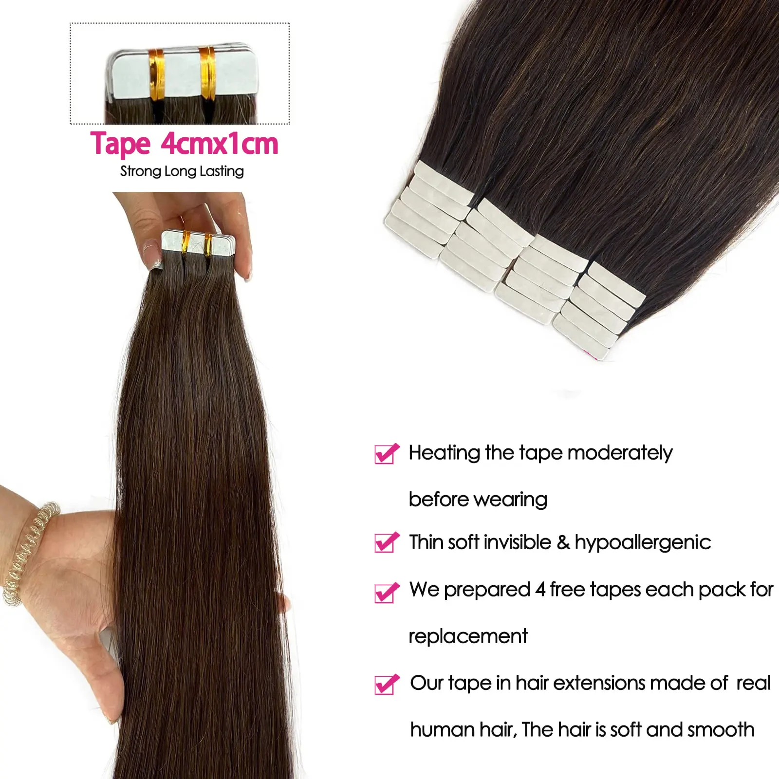Dark Brown Tape In Hair Extensions Human Hair 20pcs 100% Remy Human Hair Straight Seamless Invisible Tape In Hair Extensions thumbnail 4