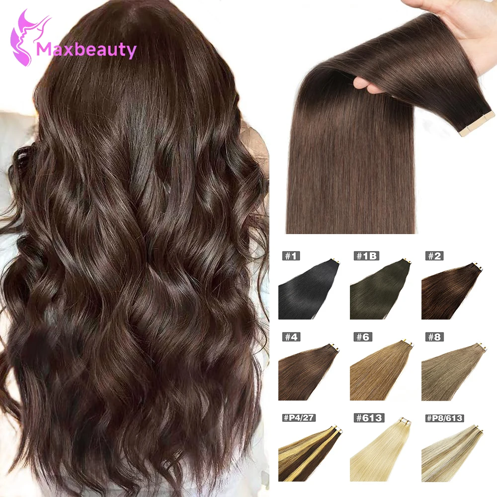 Dark Brown Tape In Hair Extensions Human Hair 20pcs 100% Remy Human Hair Straight Seamless Invisible Tape In Hair Extensions