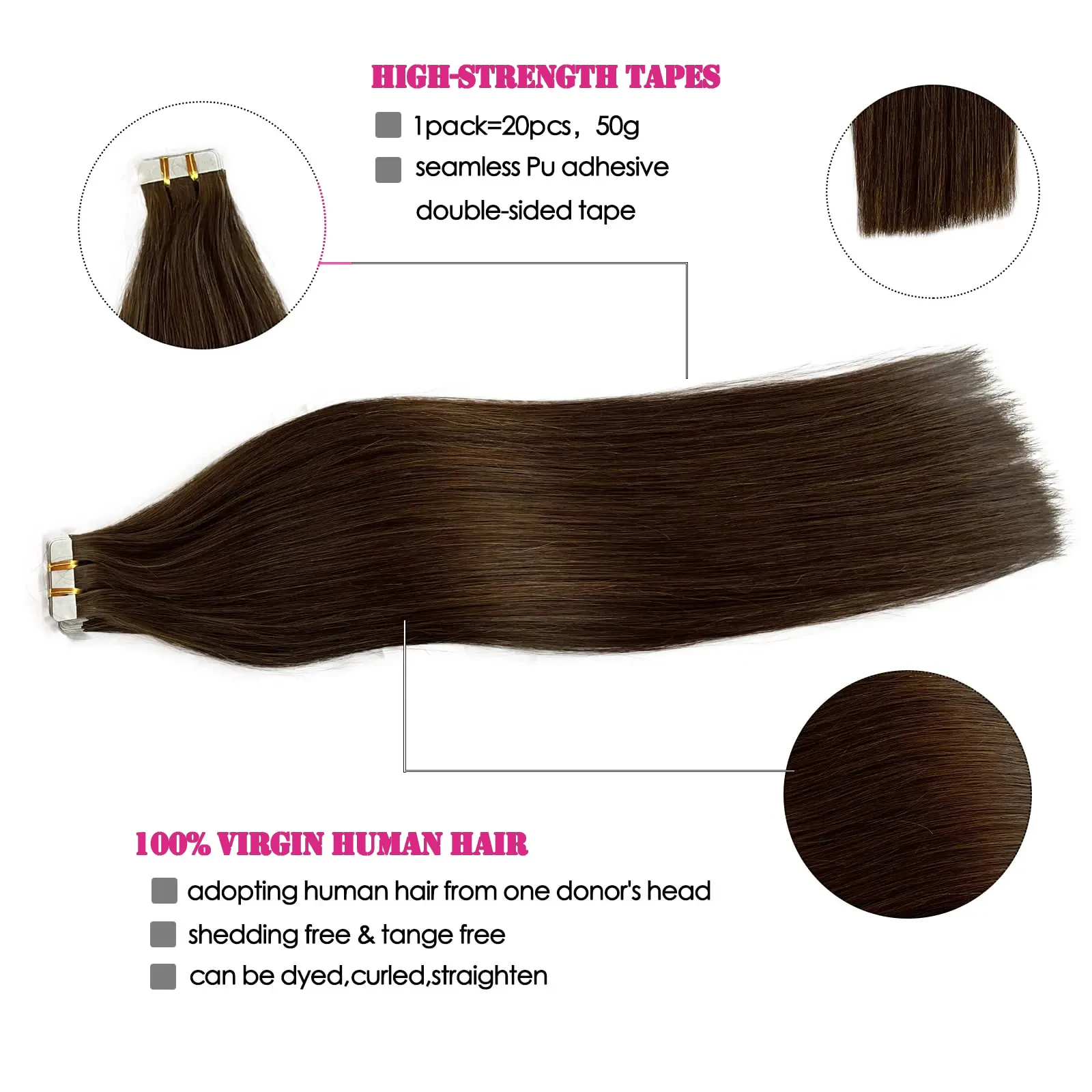 Dark Brown Tape In Hair Extensions Human Hair 20pcs 100% Remy Human Hair Straight Seamless Invisible Tape In Hair Extensions thumbnail 2