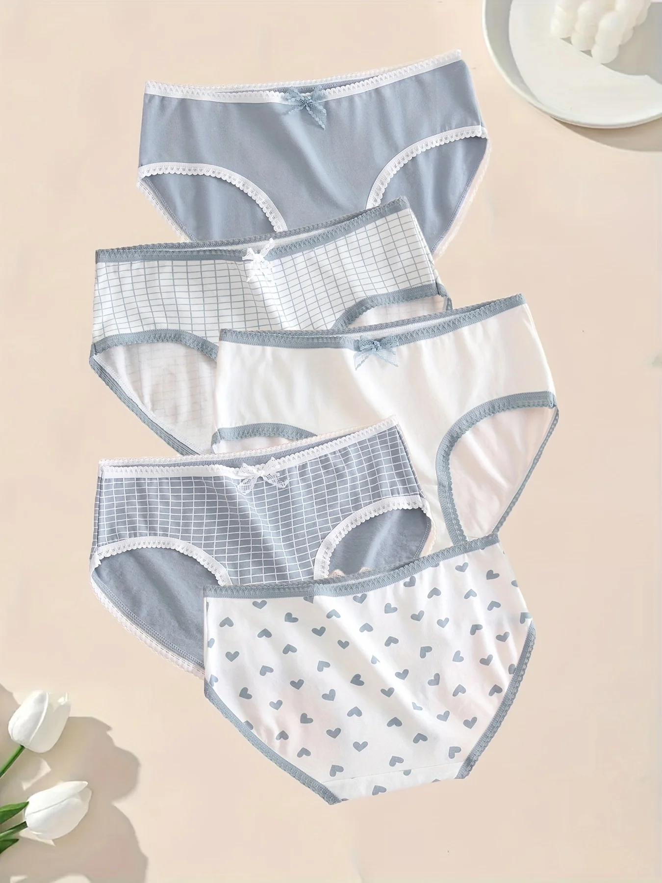 5pcs Women’s Soft Breathable Briefs Heart Plaid Print Panties Comfortable Intimates for Daily Wear thumbnail 2