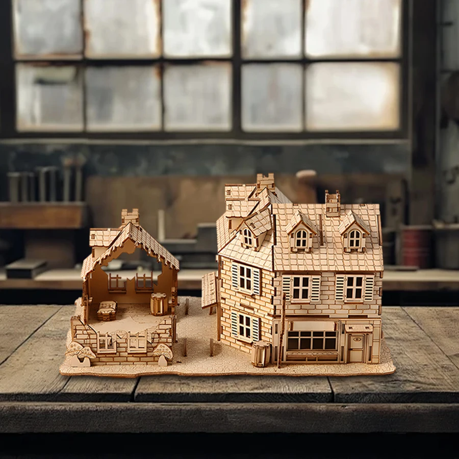OUZEY DIY Architectural Model Kits 3D Wooden Puzzle WW2 House Military Building Desk Decoration Gifts for Men and Adults thumbnail 3