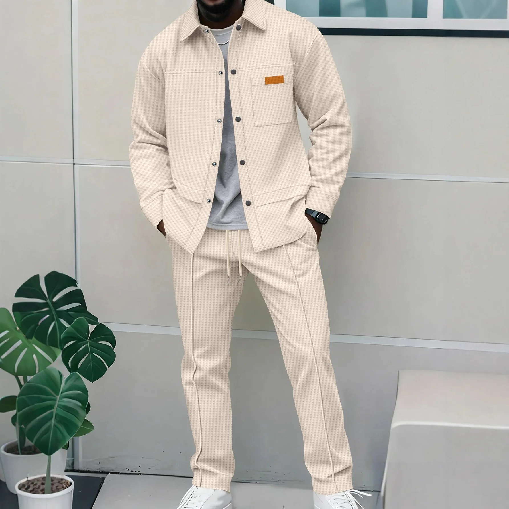 Spring and autumn men's high-quality waffle pure color placket pocket jacket set - a stylish and casual two-piece outfit