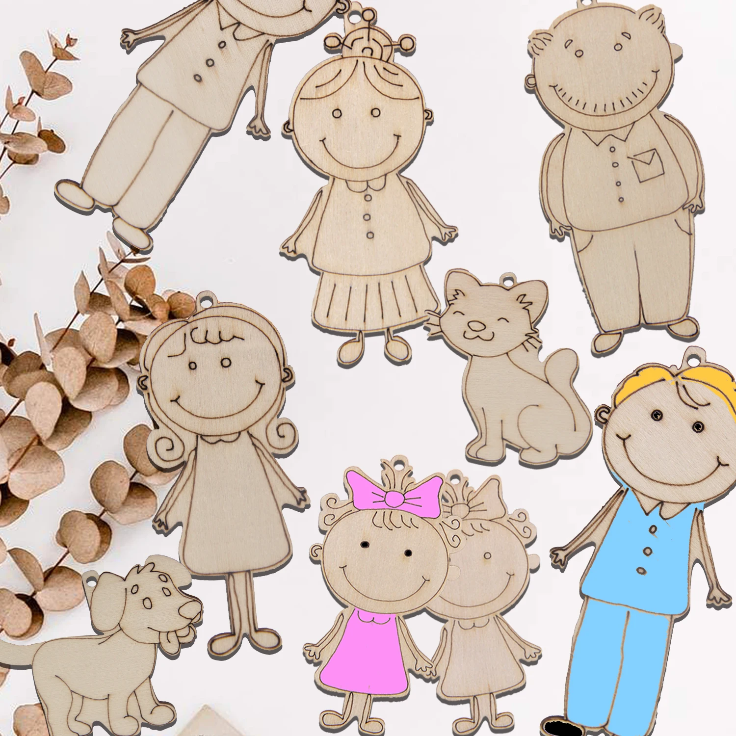 16pcs Wooden Family Member Ornaments Cartoon Figure Unpainted Pendant for Birthday Party Decoration DIY Painting Crafts Supplies thumbnail 3