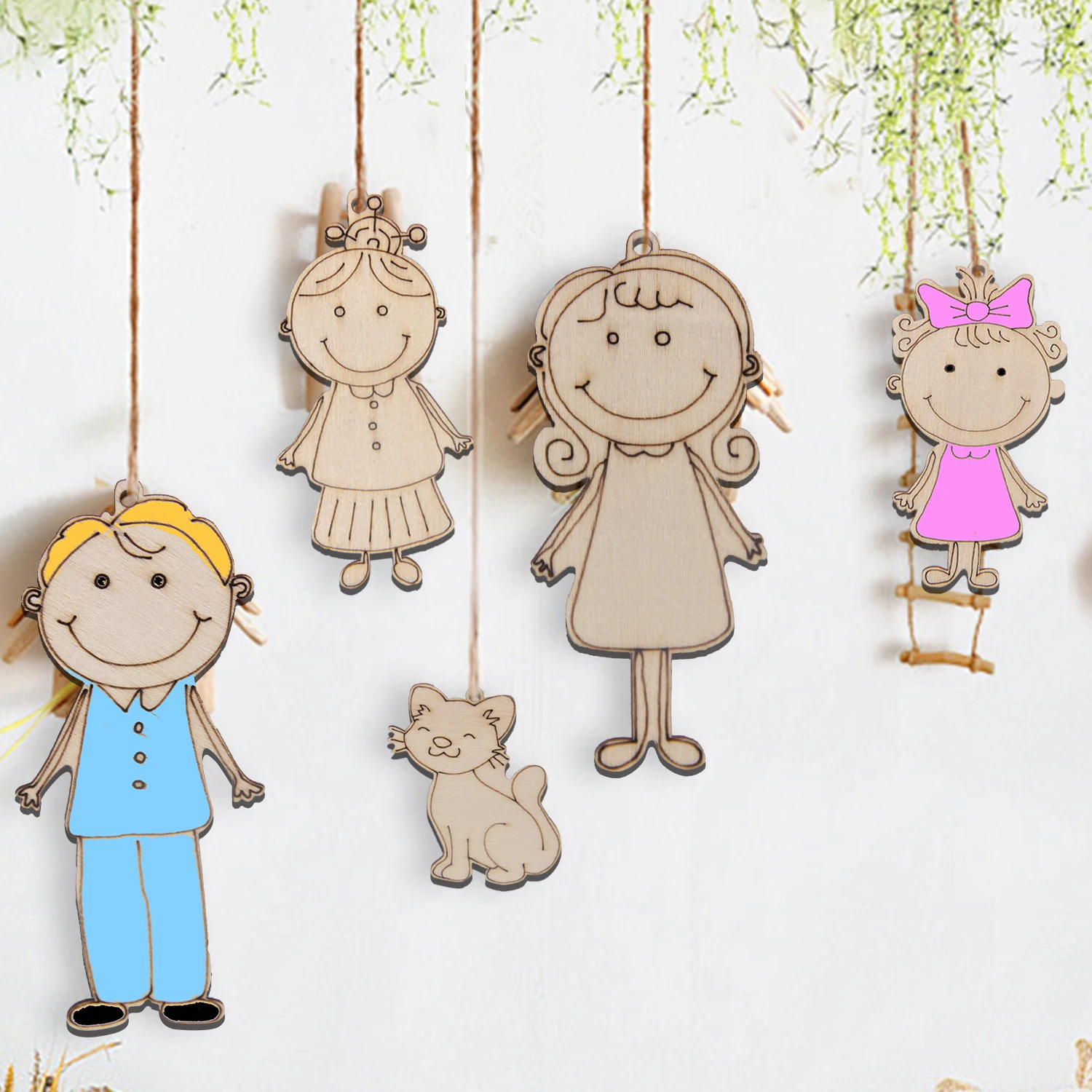 16pcs Wooden Family Member Ornaments Cartoon Figure Unpainted Pendant for Birthday Party Decoration DIY Painting Crafts Supplies thumbnail 5