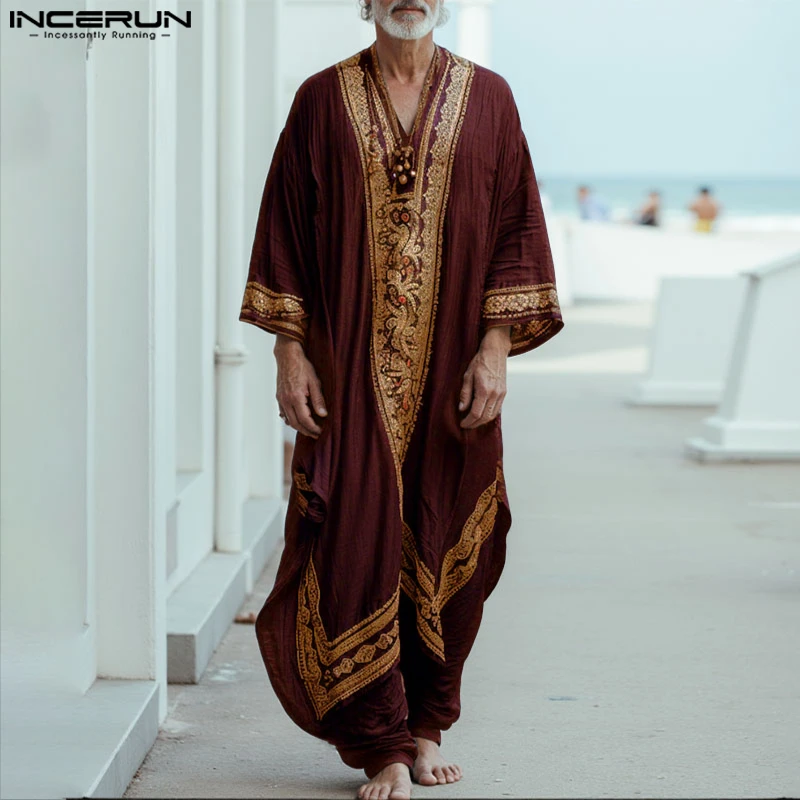 INCERUN Men Jubba Thobe Printing Patchwork V Neck Long Sleeve Male Robes Muslim Kaftan Loose 2025 Arab Casual Men Caftan Abaya thumbnail 2
