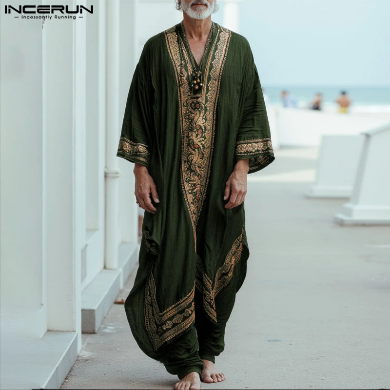 INCERUN Men Jubba Thobe Printing Patchwork V Neck Long Sleeve Male Robes Muslim Kaftan Loose 2025 Arab Casual Men Caftan Abaya thumbnail 3