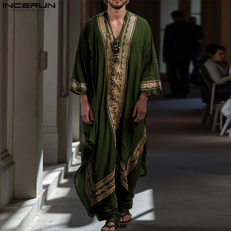 INCERUN Men Jubba Thobe Printing Patchwork V Neck Long Sleeve Male Robes Muslim Kaftan Loose 2025 Arab Casual Men Caftan Abaya thumbnail 5
