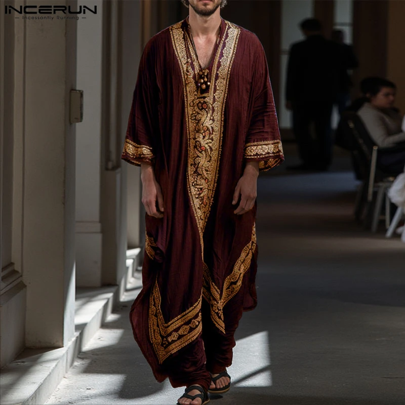 INCERUN Men Jubba Thobe Printing Patchwork V Neck Long Sleeve Male Robes Muslim Kaftan Loose 2025 Arab Casual Men Caftan Abaya thumbnail 4