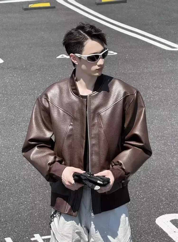 Retro Brown PU Leather Versatile Casual Jackets Stand Collar Leather 2025 Men's Cool Motorcycle Leather Early Autumn Coat thumbnail 3