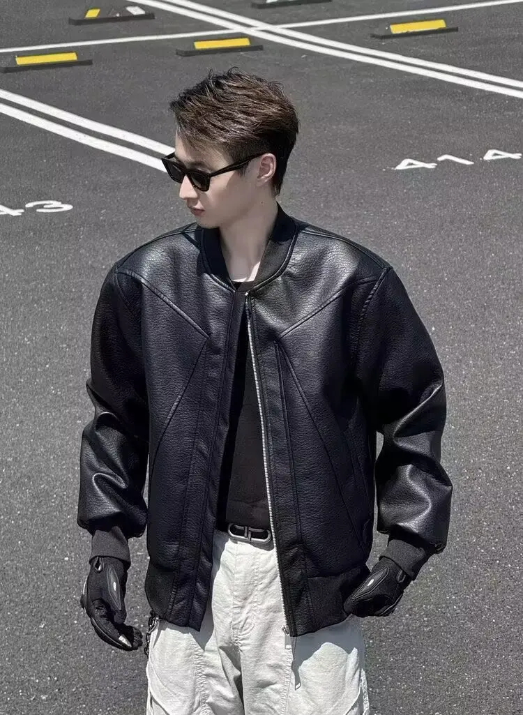 Retro Brown PU Leather Versatile Casual Jackets Stand Collar Leather 2025 Men's Cool Motorcycle Leather Early Autumn Coat thumbnail 5